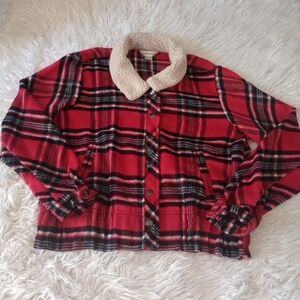 Christopher & Banks Plaid Red Women's Jacket with Sherpa Collar